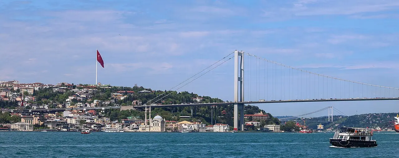 Bosphorus Bridge spanning the water beside Istanbul’s waterfront